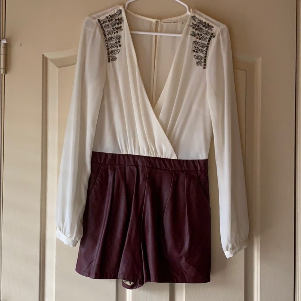 Cream and burgundy holiday romper